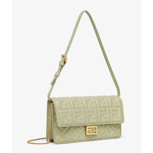 Fendi Wallet on Chain Baguette FF Leather Sage Green Crossbody Shoulder Bag